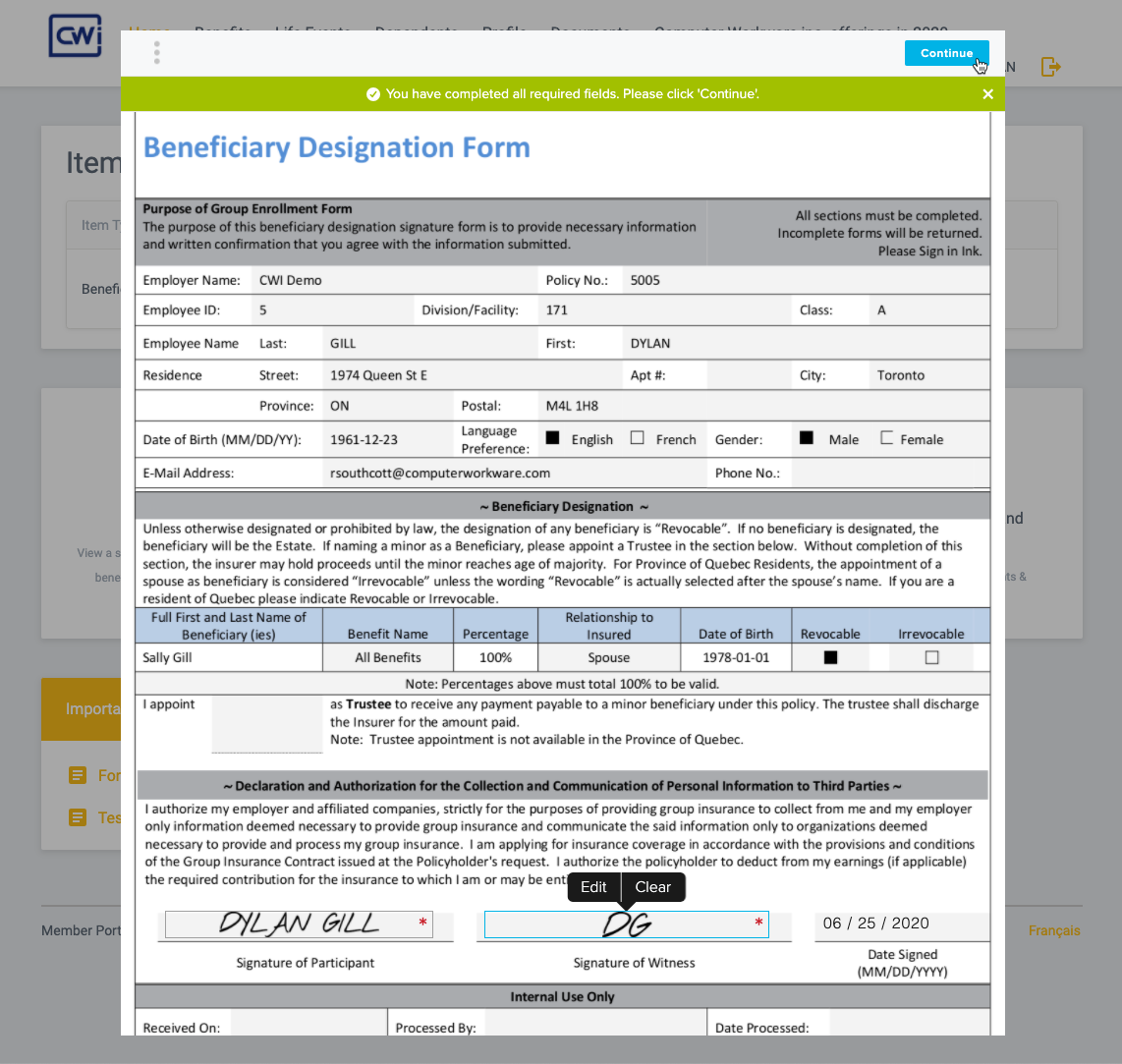 E-signature for beneficiary designation form